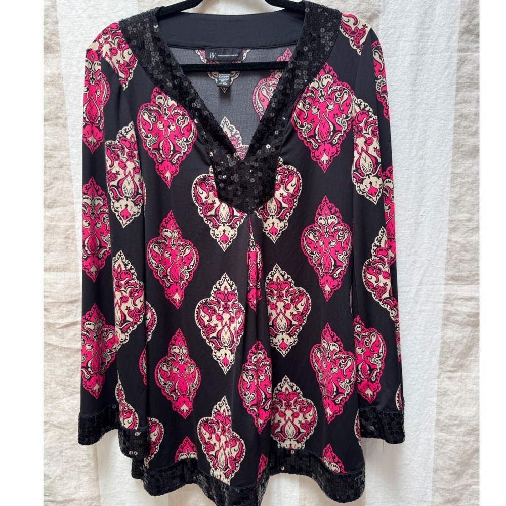 INC International Concepts Womens Sequin Trim Paisley Tunic Top Black Pink Large